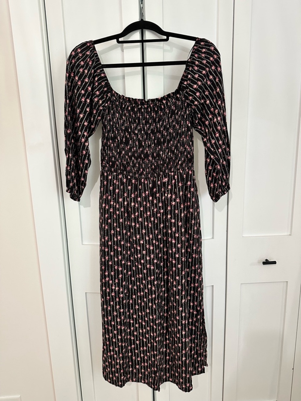 Wayf Black Midi Dress with Pink Floral Print
